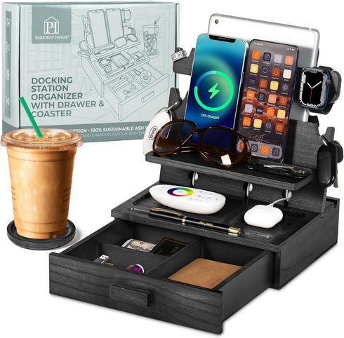 Black Wood Phone Docking Station - Nightstand Organizer for 3 Phones with Drawer for Valuables, Apple Watch Compatible