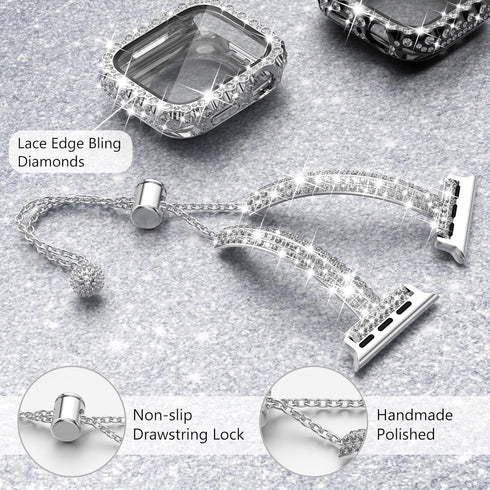 WINGLE Compatible with Apple Watch Bands 40mm for Women, Bling Diamond Slim Bracelet with Waterproof Bling Case