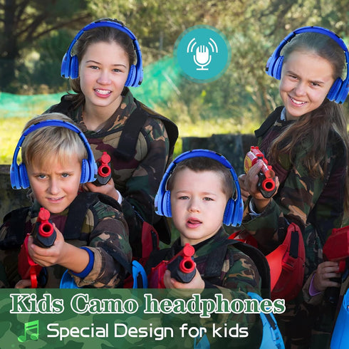 Toddler Wireless Headphones, Kids Camo Bluetooth Headphones, 15 Hours Playtime, Foldable with Built-in Mic, Blue Camo