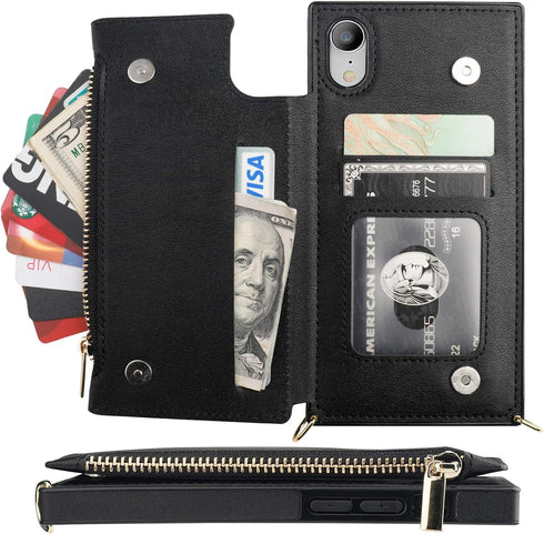 Bocasal Crossbody Wallet Case for iPhone Xr, Zipper Card Slot Protector with Removable Strap, 6.1 Inch (Black)