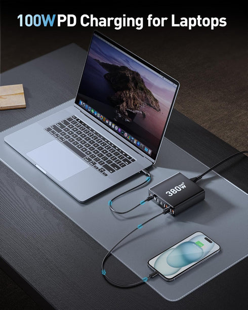 Ediliow 380W 4 8-Port 100W USB C Charger Block,with USB Cables USB C Charging Station Dual Laptop Charger Fast Charger