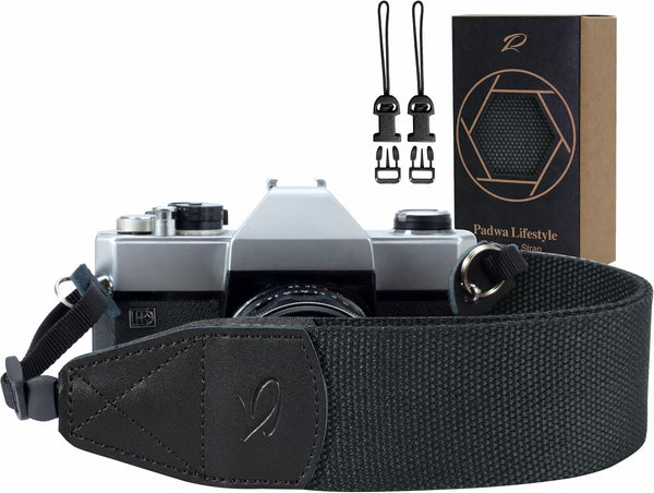 Padwa Lifestyle Black Camera Strap - 2" Wide Cotton Woven Genuine Leather