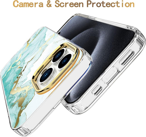 BAISRKE iPhone 15 Pro Clear Case (6.1") - Slim Shockproof Green Marble, includes 2 Screen Protectors & 1 Camera Lens