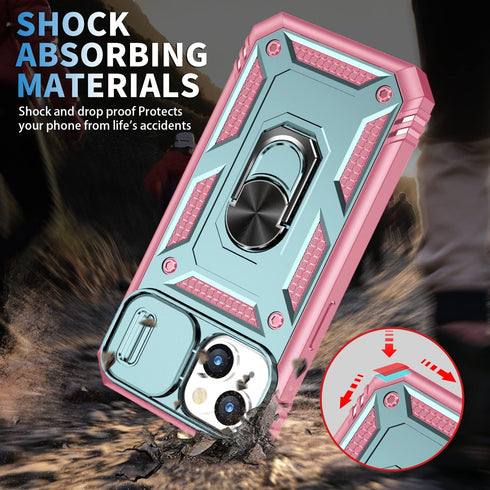 Case for iPhone 14, Shockproof Impact Resistant with Slide Lens Protective Cover, 6.1 inch (Pink Green)