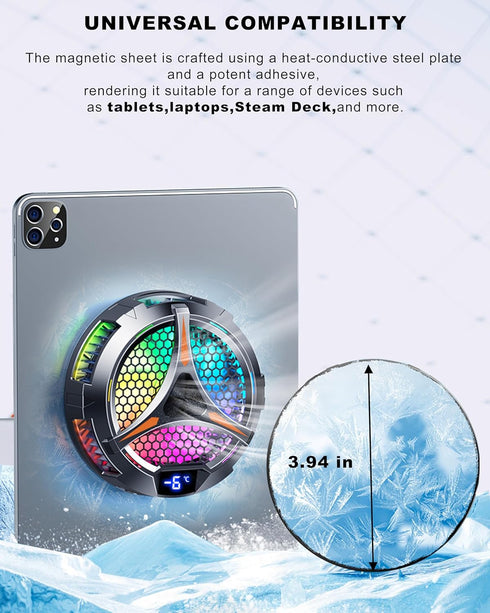 iPad Cooler, Magnetic Tablet Cooler for iPad/Surface Pro/Samsung Tab, Cooling Fan with LED Gaming Light
