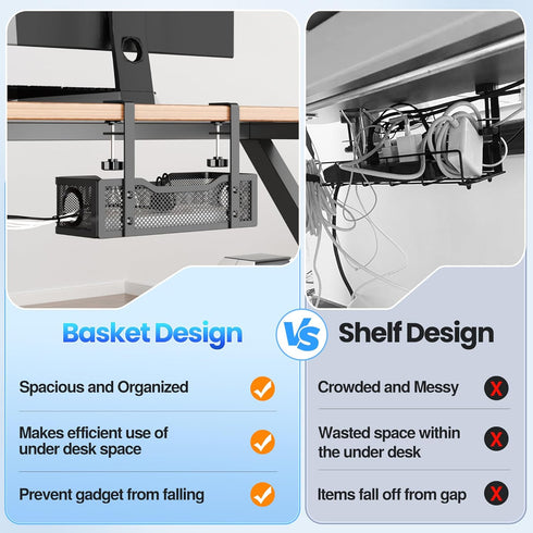 Under Desk Cable Management Tray, No Drill Cable Management Box with Clamp for Desk Wire Management - Black