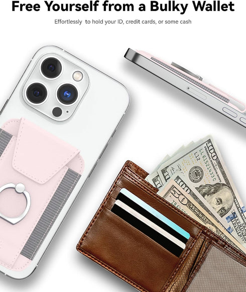 Magnetic Wallet with Card Holder, Compatible with Mag-Safe, Leather Card Holder, Wallet with Phone Ring for iPhone 15/14/13/12 Series, 7 Cards Holder (Light Pink)