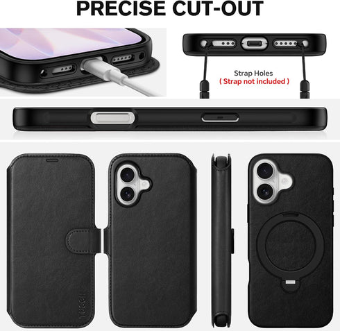 TUCCH 17 (6.3"), 360 3 17, Detachable Wallet Case for iPhone Wireless Charging, Adjustable Rotation Ring Stand, RFID