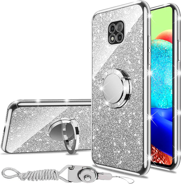 Case for Moto G Power 2021, Shockproof Protection with Ring Kickstand Lanyard, Cute Soft Glitter Cover - Silver