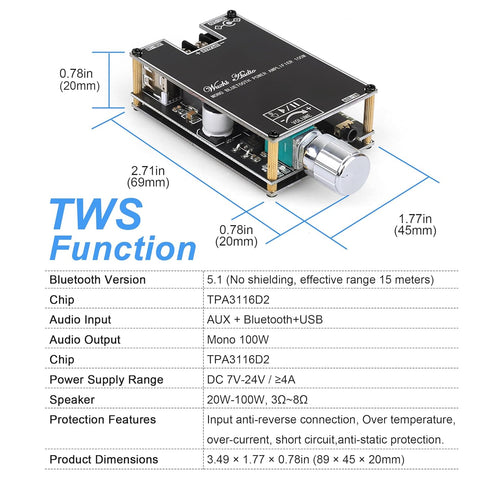 Wuzhi Audio 2PCS ZK-1001B TPA316D2 DC7-24V 100W, Mono Bluetooth Amplifier Board with Chip, Wide Voltage Input Peak
