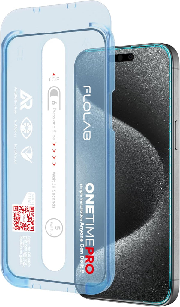 FLOLAB NanoArmour ONETIME PRO Screen Protector for iPhone 15 Pro, Anti-Reflective, 3D Tempered Glass