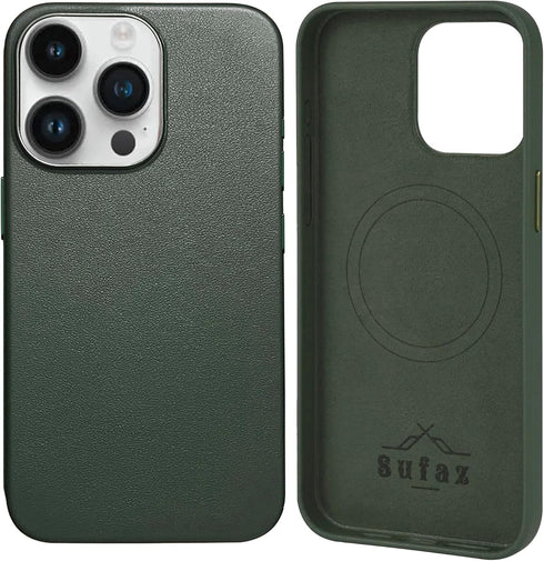 Genuine Leather Case for iPhone 15 Pro Max, MagSafe Compatible, Shockproof Slim Design, Sequoia Green