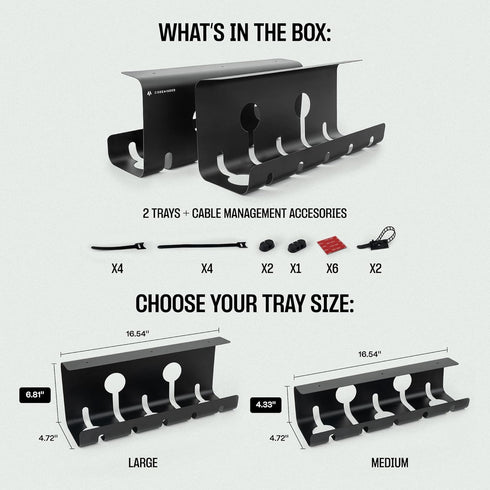 No-Drill Under Desk Cable Management Tray - 2-Pack Wire Organizer for Standing Desk Cord Management