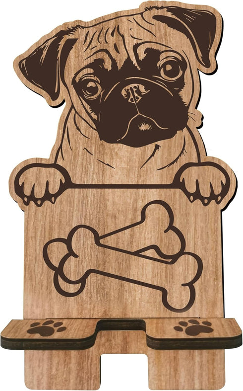 Dog Theme Wooden Phone Holder - Pug, Charging Station for E-Book, Smart Phones, Tablets, Desktop Organizer (Dog Lover