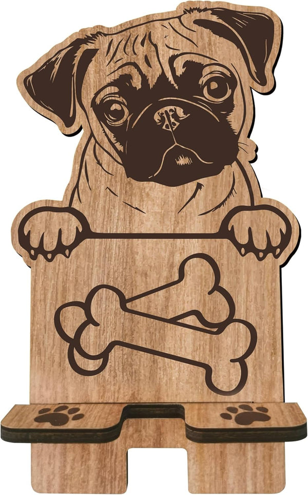 Dog Theme Wooden Phone Holder - Pug, Charging Station for E-Book, Smart Phones, Tablets, Desktop Organizer (Dog Lover