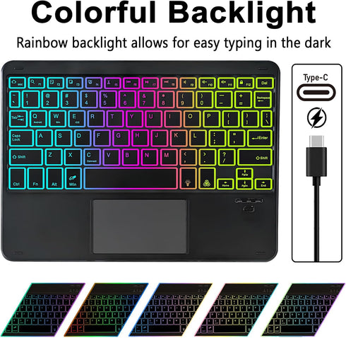 Universal Touchpad Keyboard Case for 9.7, 10.1, 10.2", 10.5", 10.9", 11" Tablet, Rainbow Backlight TrackPad Keyboard