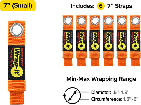 Heavy-Duty Wrap-It Storage Straps 7-inch, 6-Pack Blaze Orange - Garage Organizer and Appliance Cord Holder