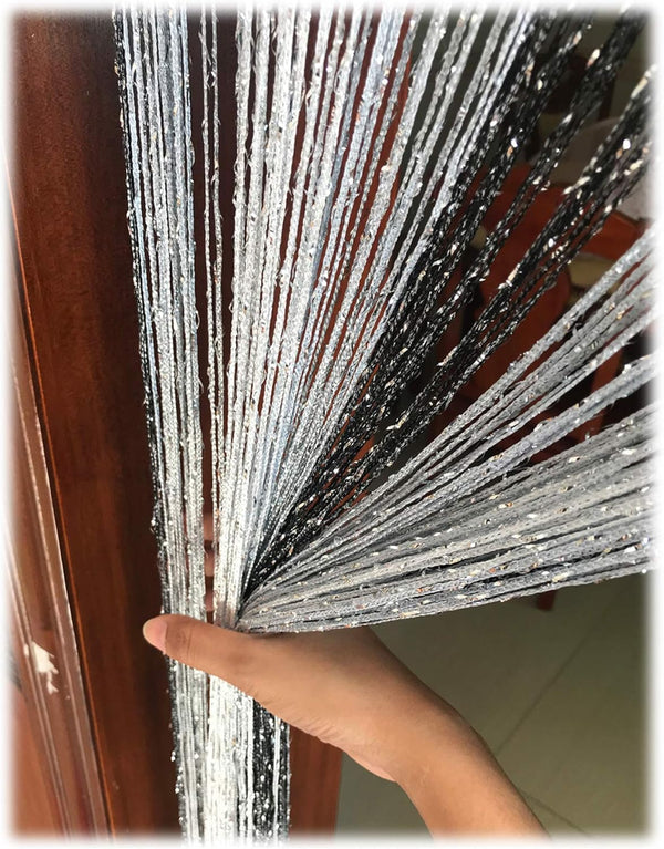 1x2 M Door String Curtain, Rare Flat Thread Fringe Window Panel (Black & Grey) - Cute Strip Tassel for Room Divider