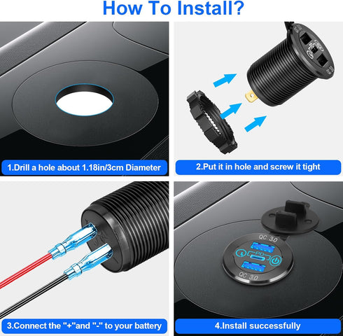 12V 60W USB C Car Charger Socket, 30W PD Type-C & Dual QC 3.0 USB Socket Port, Quick Charge Socket with Touch Switch