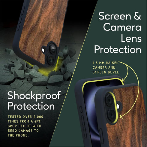 iATO 16 (6.1-inch) iPhone Case MagSafe, Real Walnut Wood Slim Protective TPU, Strong Magnet Ring, Raised Screen