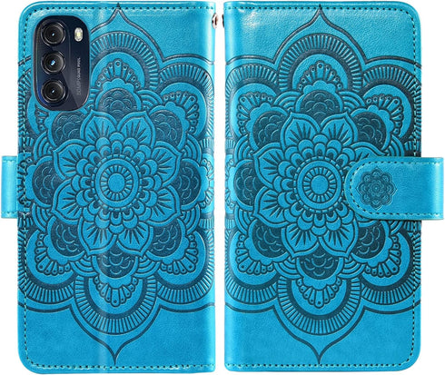 Asuwish Wallet Case for Motorola Moto G 5G 2022 - Blue Flower Leather Flip with Tempered Glass Screen Protector,
