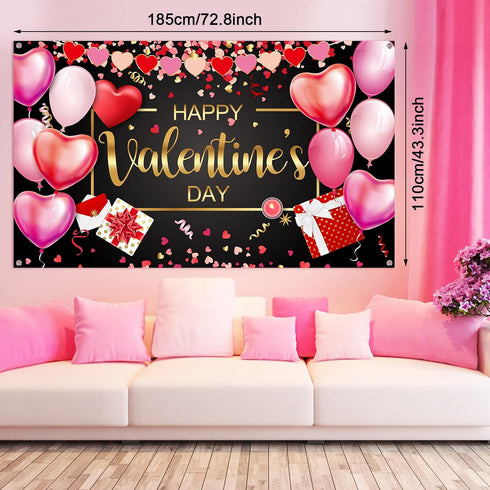 Sumind Happy Valentine‘s Day Banner 73''x43'' Heart Photography Backdrop for Valentines Day Party Decorations