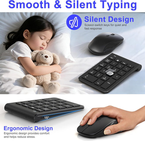 Tioleje 22 3 2.4GHz Set Wireless Mouse and Number Pad Combo - Key USB Keypad and Adjustable DPI Silent Mouse, Ultra