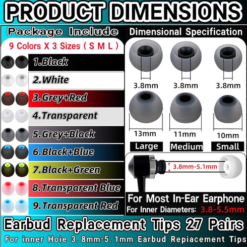 Zijipjy 54Pcs 3.8mm -5.1mm) 3 S/M/L,9 Earbuds Replacement Tips Silicone Earbuds Cap Replacement Pieces Earbud Covers