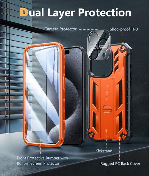 FNTCASE Military Grade Drop Proof Rugged Protective Case for iPhone 15 Pro with Kickstand & Built-in Protector (Orange)