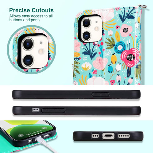 ULAK Compatible with iPhone 12/12 Pro Wallet Case, RFID Blocking PU Leather with Card Holder, Kickstand, Mint Flower