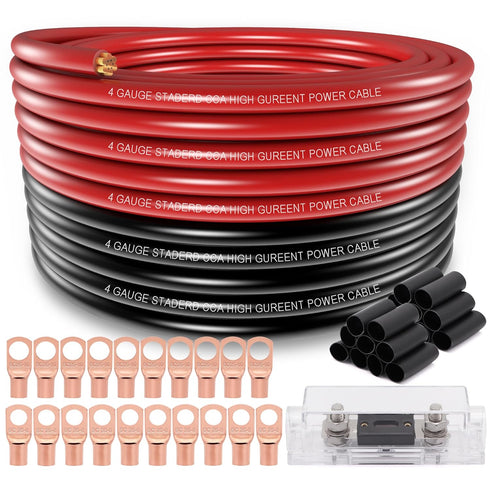 4 Gauge Wire (25ft Each - Black/Red) Copper Clad Aluminum CCA, 100A ANL Fuse Holder, 10pcs Lugs Terminal Connectors and