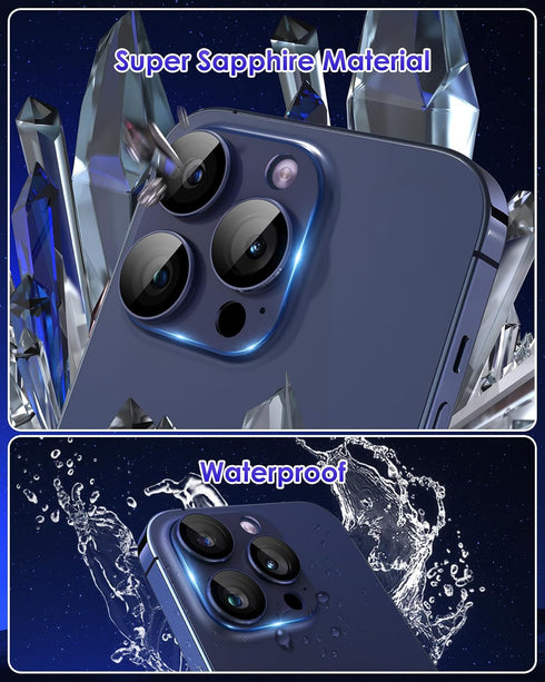 iPhone 15 Pro Max Camera Lens Protector - Full Coverage Metal, 9H Tempered Glass, Case Friendly, Titanium Blue.