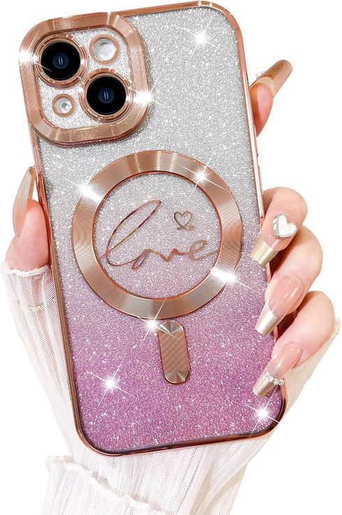 Fiyart iPhone 15 Plus Case, Compatible with MagSafe, Love Heart Plating Design, Magnetic Glitter Shockproof Back