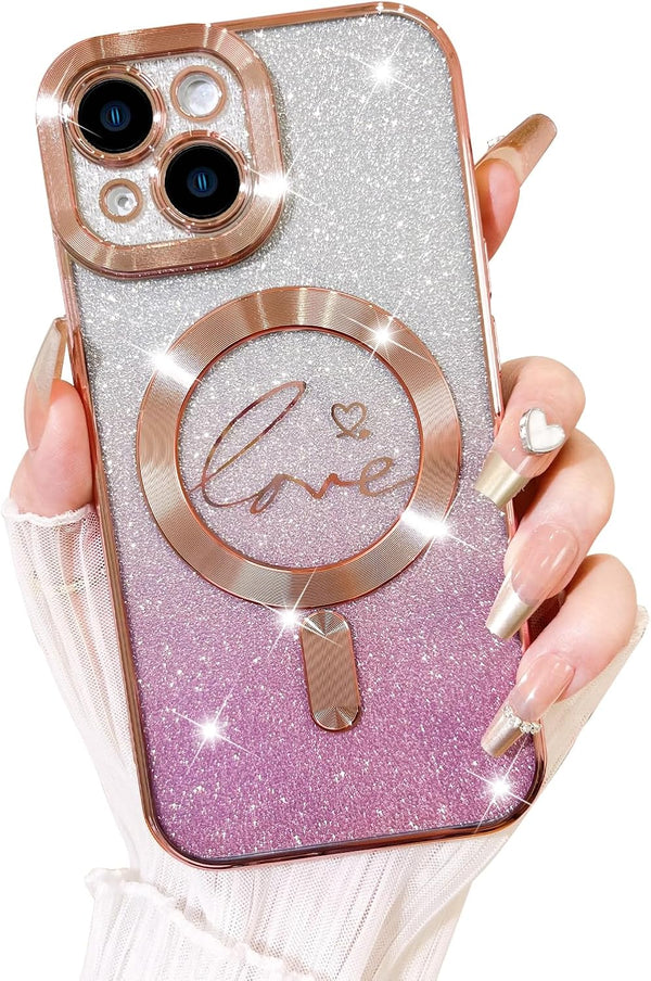 Fiyart iPhone 15 Plus Case, Compatible with MagSafe, Love Heart Plating Design, Magnetic Glitter Shockproof Back