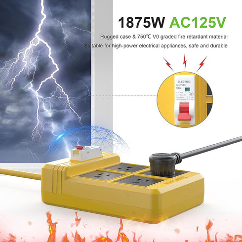 GFCI Power Strips with 3M Heavy Duty Extension Cord, 4 Gang Sockets, 15A Fused, 30mA RCBO
