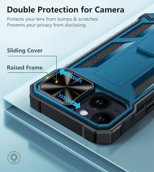 FNTCASE iPhone 15 Heavy Duty Phone Case: Military Grade, Dropproof, Kickstand, Textured Bumper, Rugged Protector (Blue)