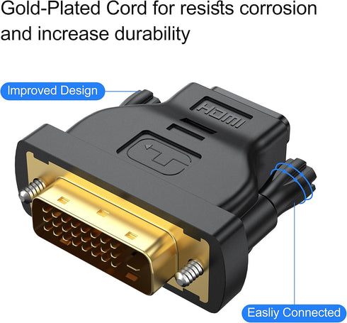 DVI to HDMI Adapter 2-Pack, Bidirectional Female HDMI to DVI-D Male Adapter with Gold-Plated for Monitor, TV