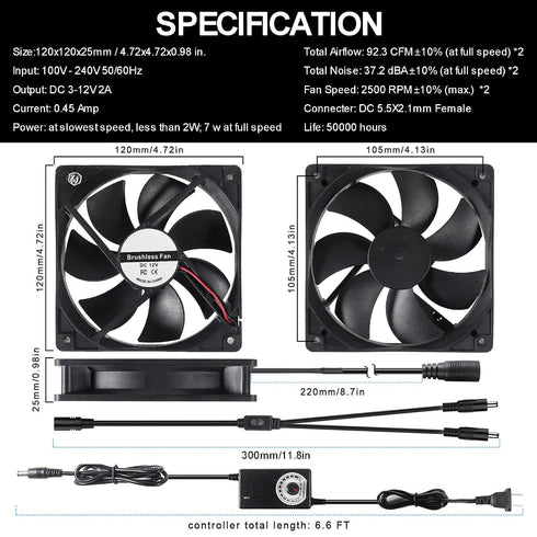2 120mm 240mm 110V 220V 12V Big Airflow x Computer Case Fan with AC Plug Power Supply, Dual PC Cooling Fan with Speed