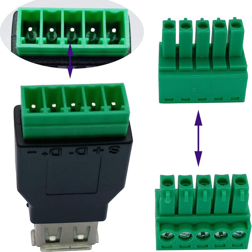 USB 2.0 A Screw Terminal Block Adapter, Female to 5 Pin/Way Female Bolt Screw Shield for Charging and Data Transfer