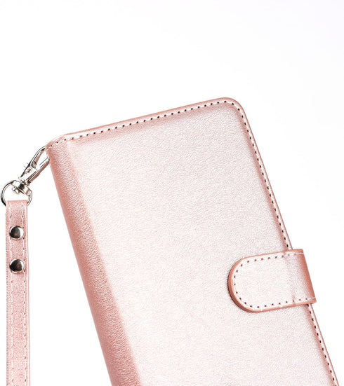 Jaorty Wallet Case for iPhone 12 Pro, 9 Card Slots, Wrist Strap, Zipper Cash Pocket, Magnetic Leather Cover, Rosegold