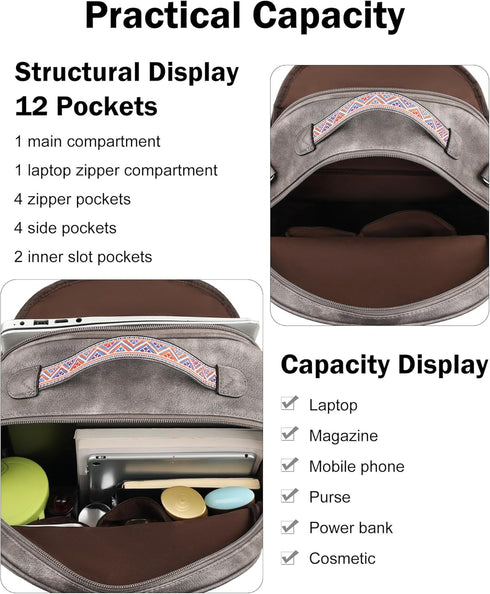 Backpack Backpack FADEON Leather Laptop Purse for Women, Designer Travel PU with Laptop Compartment for Work Grey