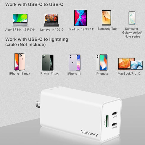 NewWay 65W 3 Port PD QC 3.0 USB-C Fast Charger - Foldable USB-C Wall Charger for Laptops, Smartphones, and iPhone 15