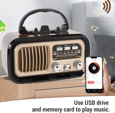 VBESTLIFE MP3 Retro Bluetooth Speaker, Vintage FM AM SW Radio with Old Fashioned Classic Style, Support Solar Charging