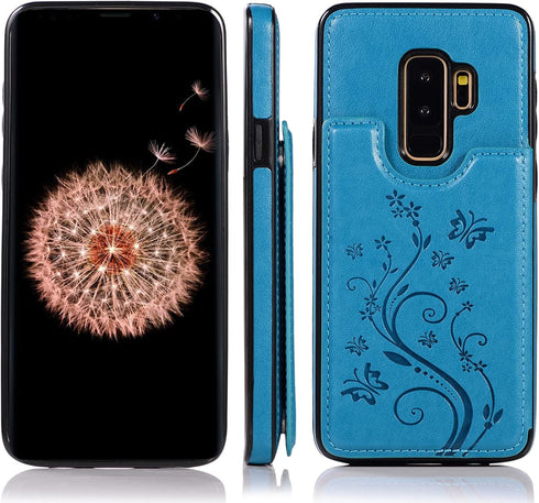 Phone Case for Samsung Galaxy S9 Plus with Tempered Glass Screen Protector, Card Holder Wallet Cover, Stand Flip