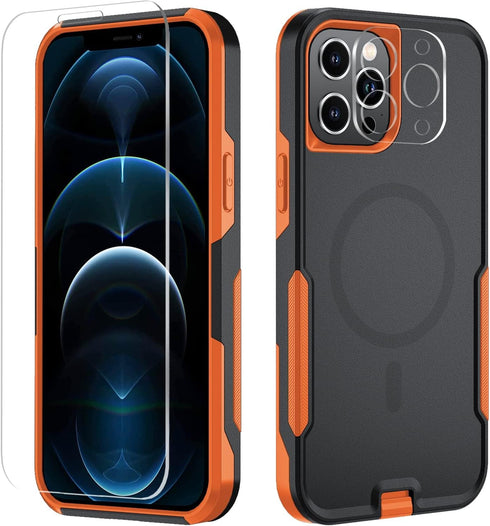 iPhone 12 Pro Max Case Cover with MagSafe, MIL-Grade Drop Tested, Tempered Glass Protector, 6.7" (Black/Orange)