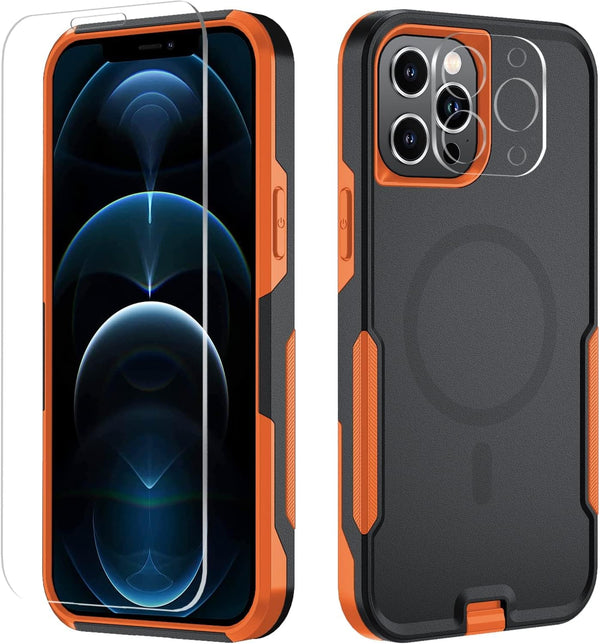 iPhone 12 Pro Max Case Cover with MagSafe, MIL-Grade Drop Tested, Tempered Glass Protector, 6.7" (Black/Orange)