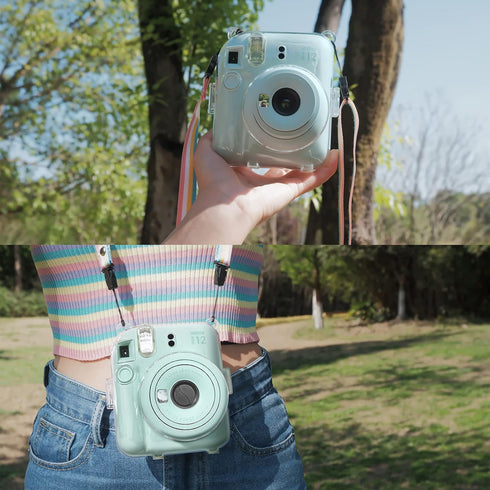 MUZIRI KINOKOO Clear Protective Case for Fuji Instax Mini 12, Hard PVC Carrying Case with Rainbow Shoulder Strap