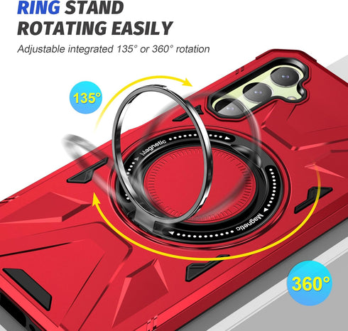 Galaxy A15 5G Phone Case with Screen Protector+360°Ring Holder Stand+Camera Lens Protector,Dual Layer Protective Sturdy Magnetic Heavy Duty Protection TPU Hard PC Cover,Red