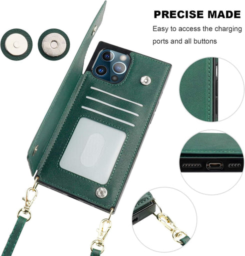Bocasal Crossbody Wallet Case for iPhone 12 Pro Max, PU Leather Credit Card Holder, Shockproof Detachable Strap, Green