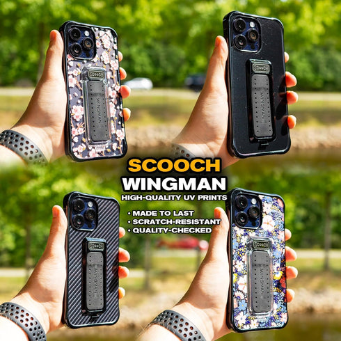 Scooch iPhone 15 Case with Stand, 5-in-1 Kickstand Case, Military Grade Drop Protection, Pop-Out Kickstand, Grip - Black